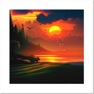 Mountain Lake Summer Sunset Digital Art (MD23SMR011) Posters and Art